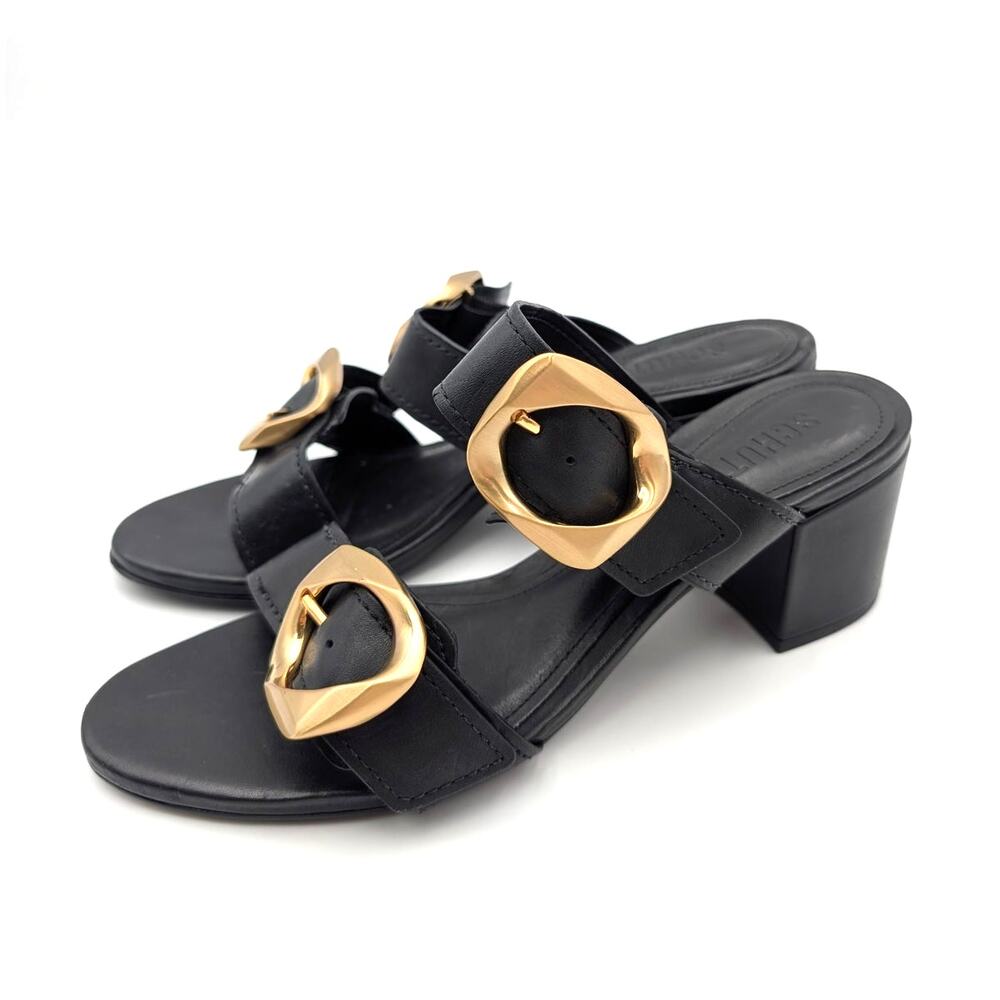 Schutz Olga Buckle Block Heel Sandals Open Toe Women's Black Size US8.5B EU38.5